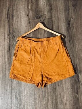 Rust Color Cotton Gauze Hi Waisted Shorts Lightweight